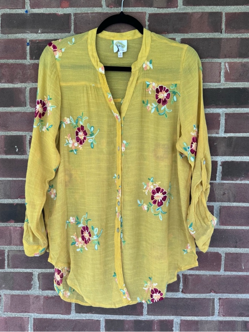 Fig & Flower Embroidered Blouse Womens Small Yellow Floral Button Front Boho